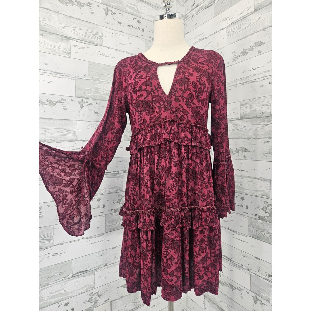 American Eagle Floral Tiered Ruffle Mini Dress Burgundy Boho Bell Sleeve Small